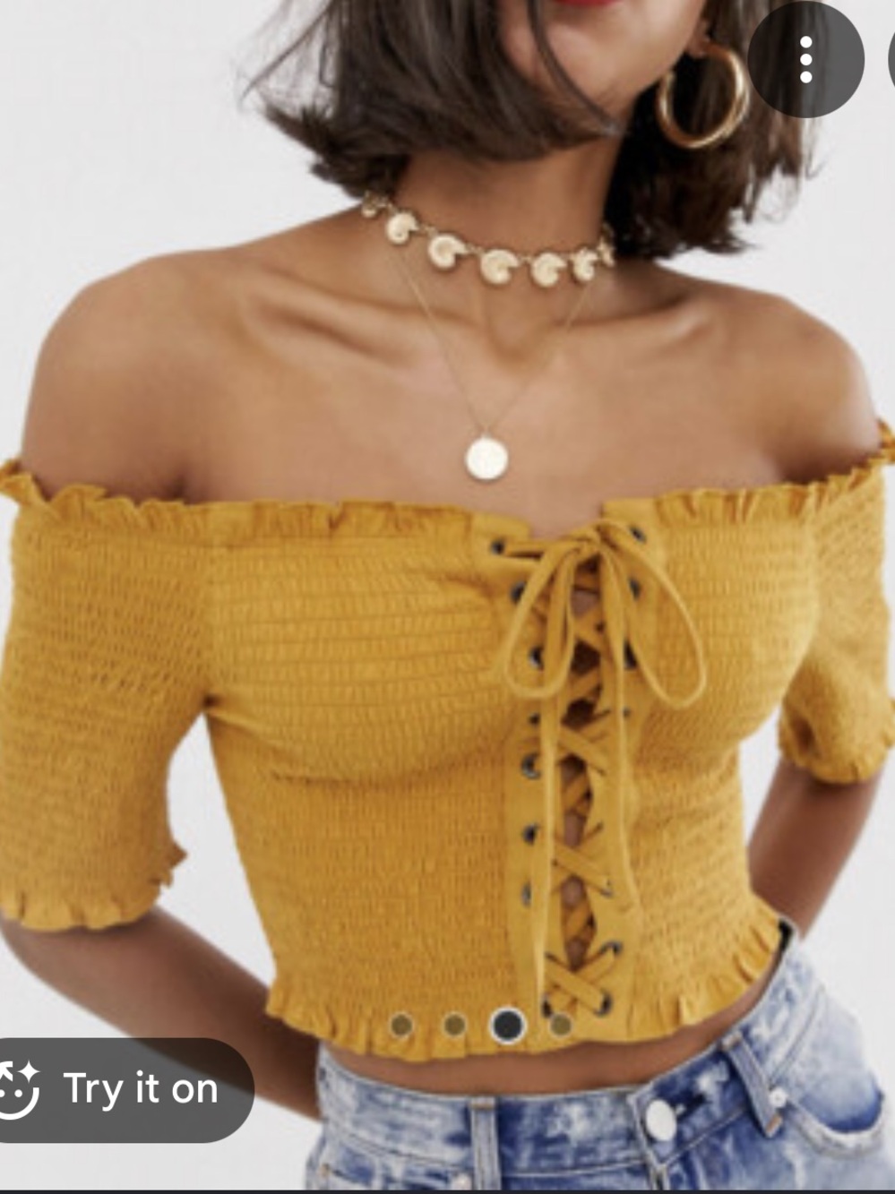 ASOS Shirt - mustard smocked lace up front cropped off shoulder